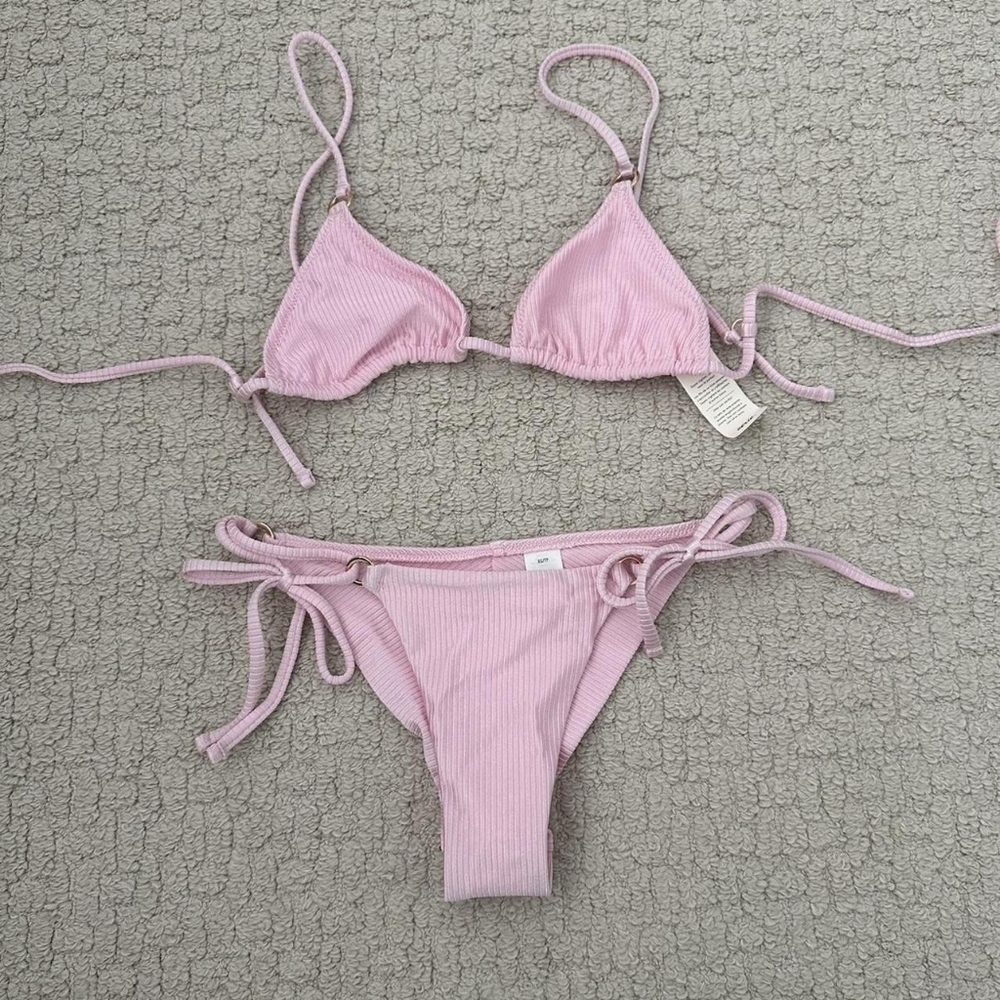 Aerie Light Pink Ribbed Triangle Bikini Set